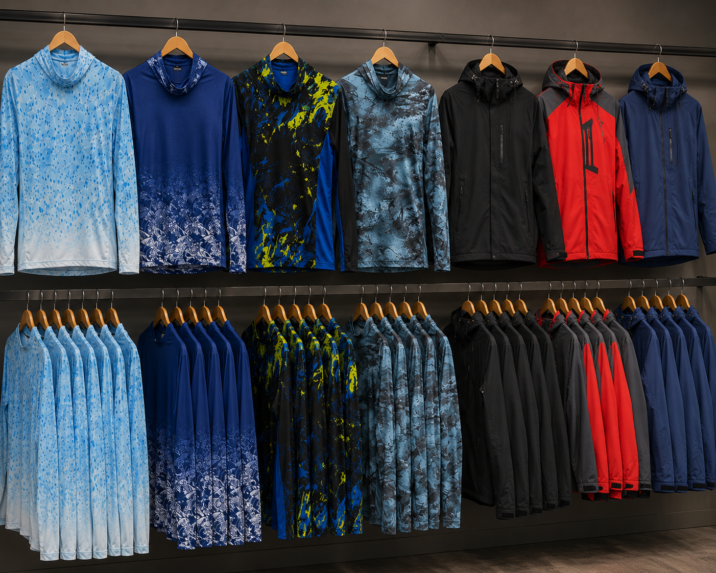 Wall of Fishing Shirts Australia in blue, camo, yellow splash and black hooded styles hanging on a retail rack