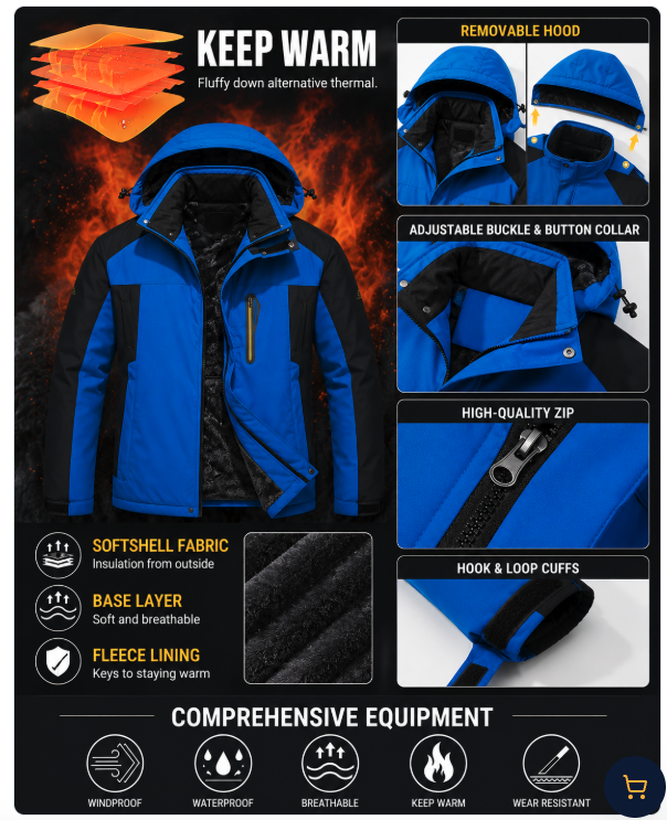 Premium Fishing Jacket features — keep warm, removable hood, adjustable buckle and button collar, high-quality zip, hook and loop cuffs, softshell fabric, base layer, fleece lining, windproof, waterproof, breathable, wear resistant