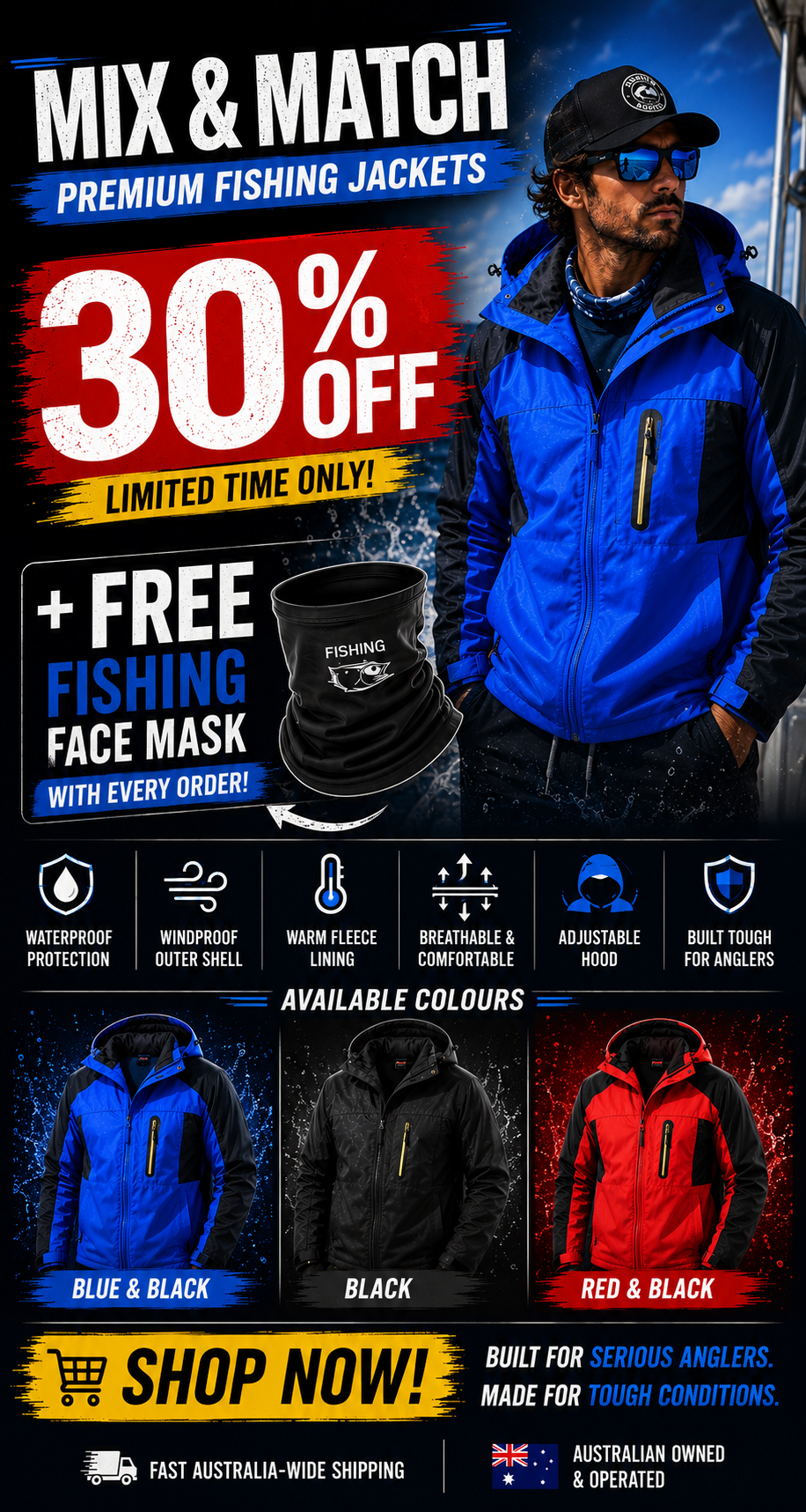 Mix & Match Premium Fishing Jackets — 30% off + free fishing face mask