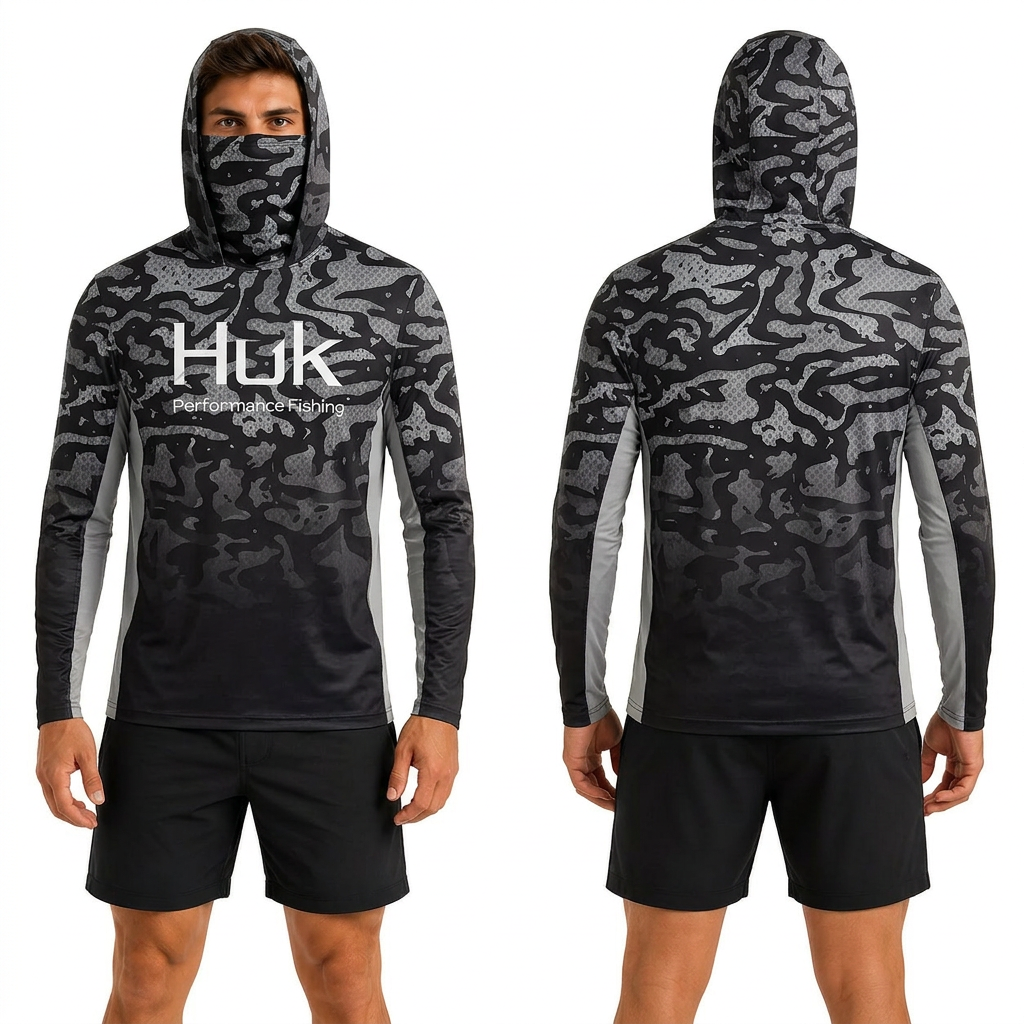 Black Camo Hooded performance fishing shirt