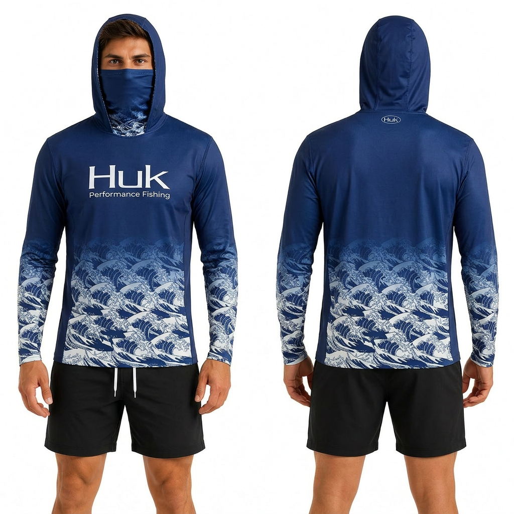 Navy Wave Hooded performance fishing shirt