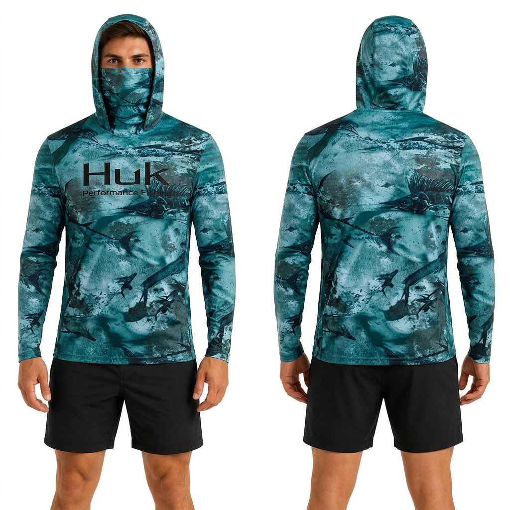 Teal Camo Hooded performance fishing shirt