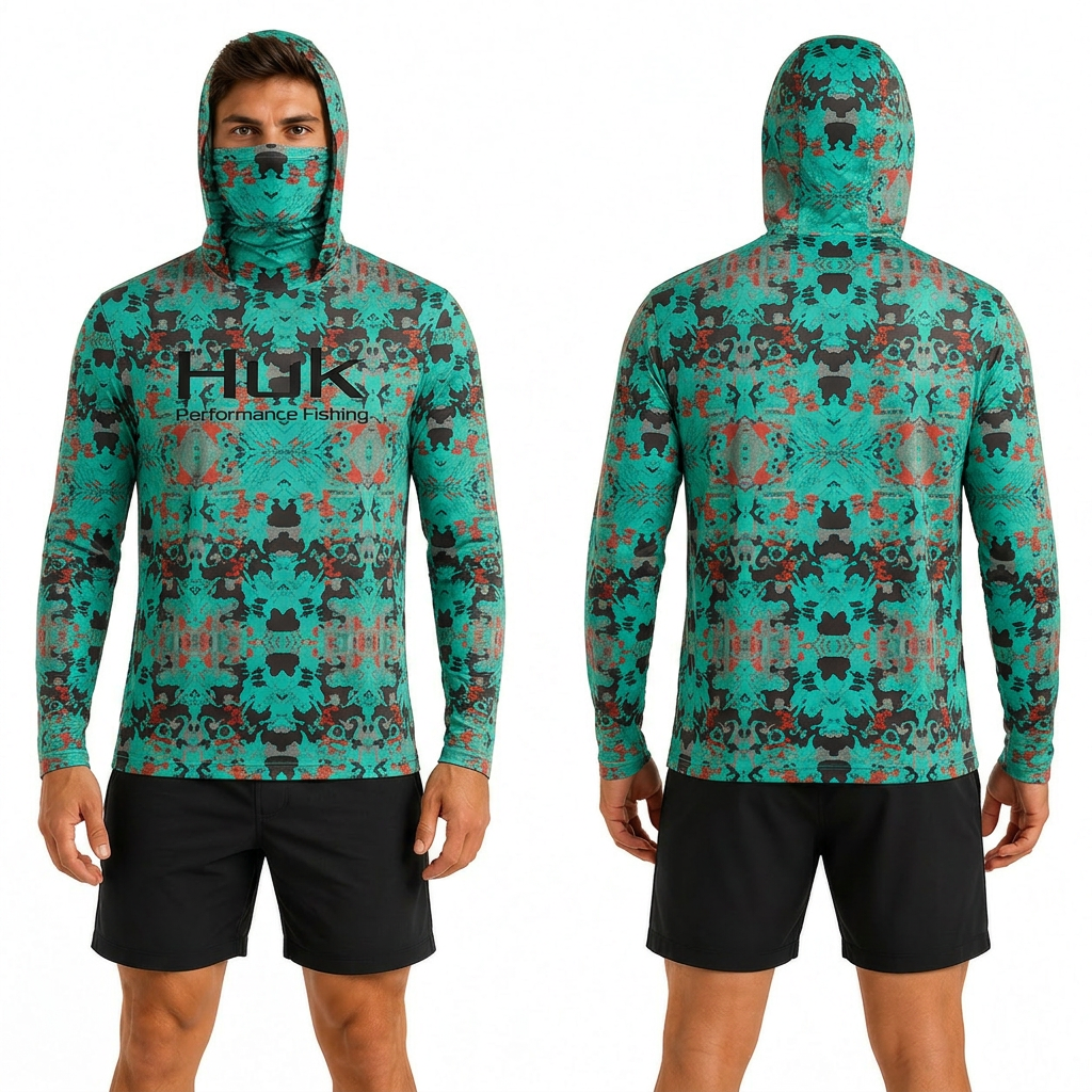 Teal Coral Hooded performance fishing shirt