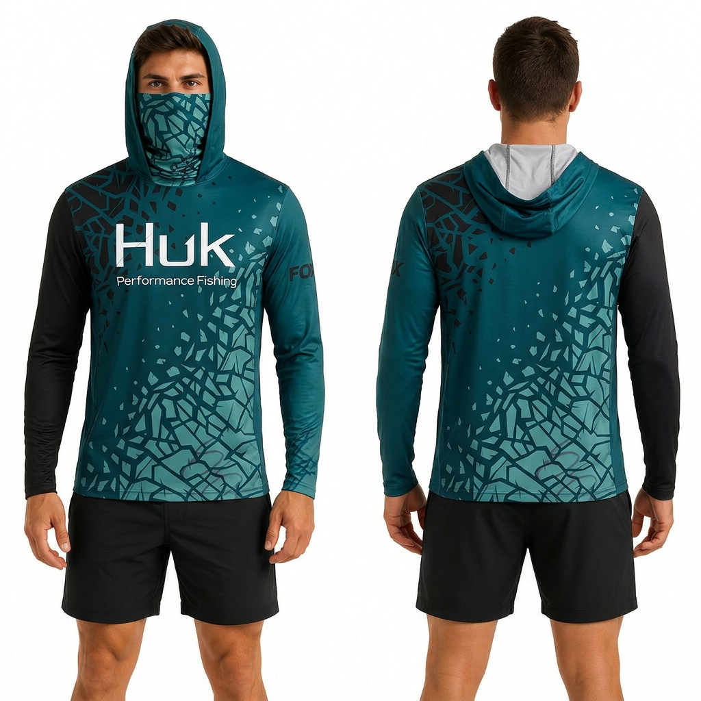 Teal Shatter Hooded performance fishing shirt
